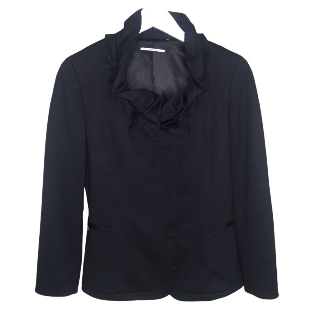 TAHARI Zip Front Blazer Jacket With Shoulder Pads & Ruffle Detail Black Medium